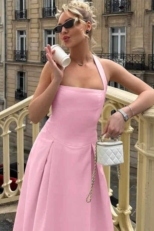 Halter Square Neck Pleated A-Line Waist Seam Midi Dress
