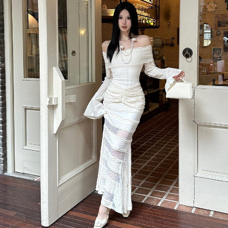 Long flared sleeve off shoulder lace ruffle maxi dress