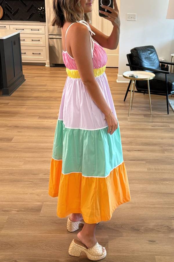 Multicolor Colorblock Self Tie Straps High Waist Flowy Maxi Dress with Pockets