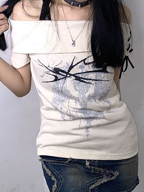 One Shoulder Print Short Sleeve Tee