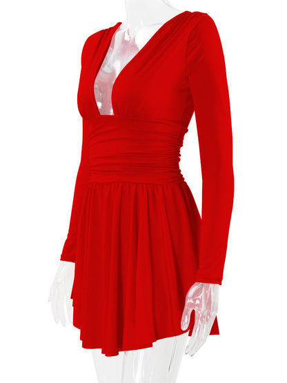 Fit And Flare Dress Plunge Long Sleeves Short Swing Dresses In Solid Color