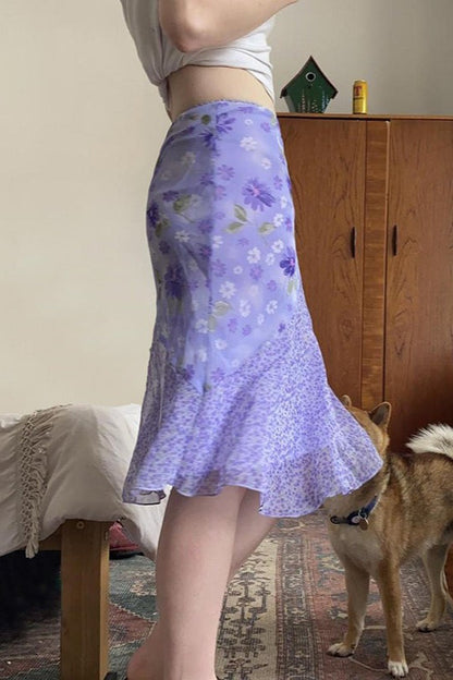 Purple Floral High-Waist Asymmetrical Skirt