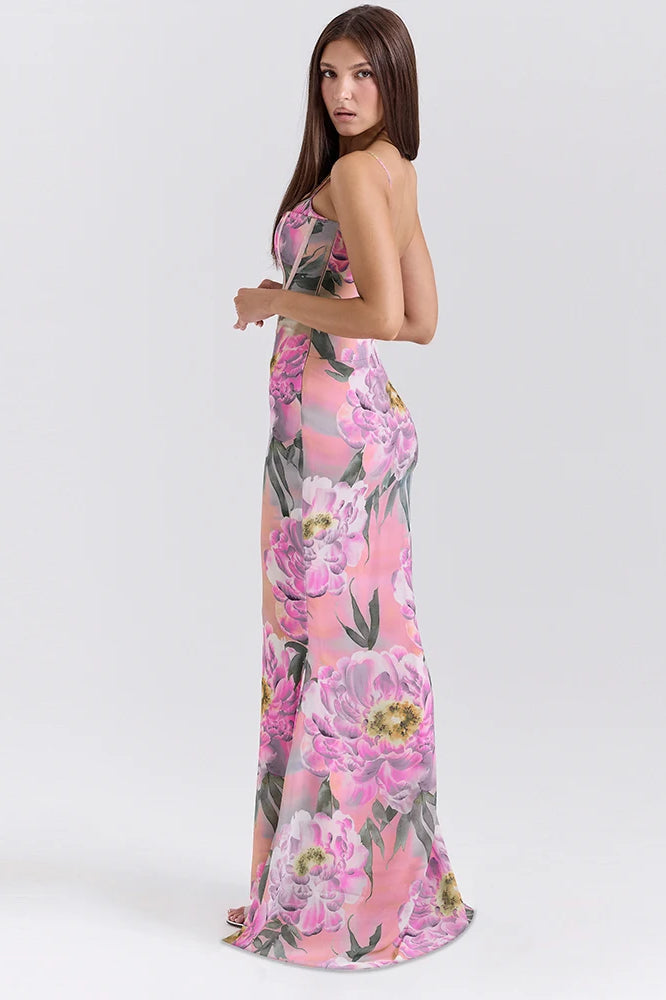 Corset Bodice Spaghetti Strap Floral Print Mesh Floor-Length Maxi Dress
