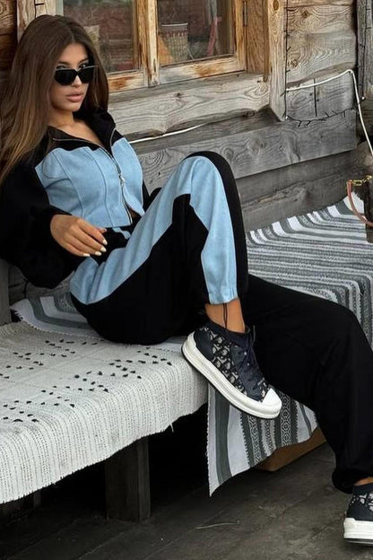 Color Block Casual Hoodie Denim Two Piece Pants Set