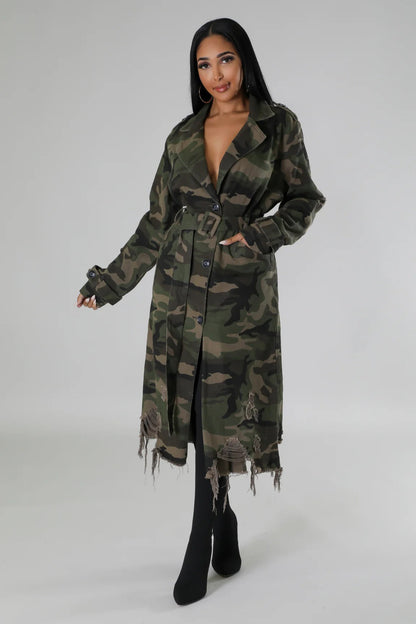 Distressed Camo Long Overcoat