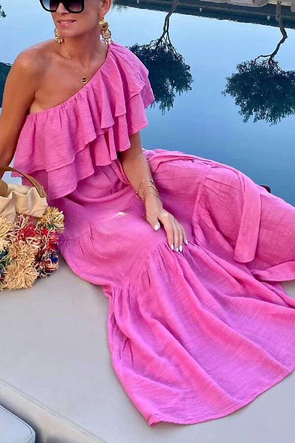 Cotton Blend Ruffle One Shoulder Belt Maxi Dress