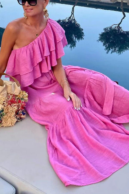 Cotton Blend Ruffle One Shoulder Belt Maxi Dress
