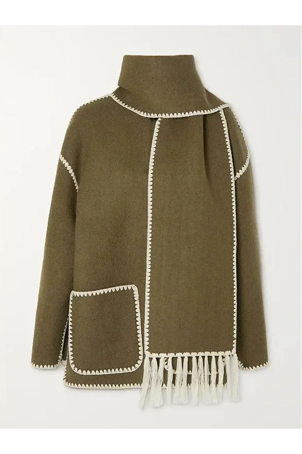 Scarf-Neckline Felt Woolen Coat