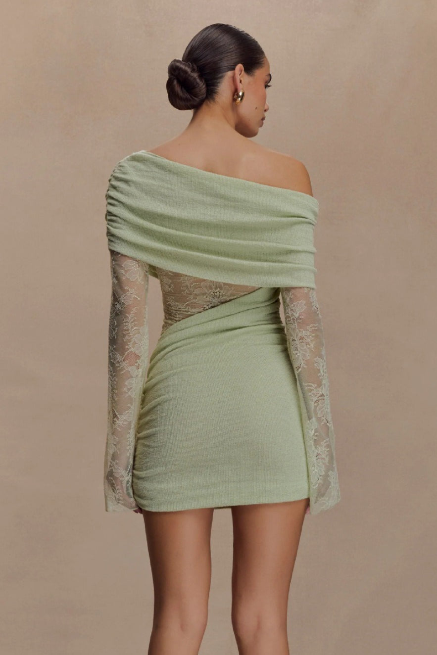Off Shoulder Ribbed Lace Sleeve Lace Panel Bodycon Mini Dress
