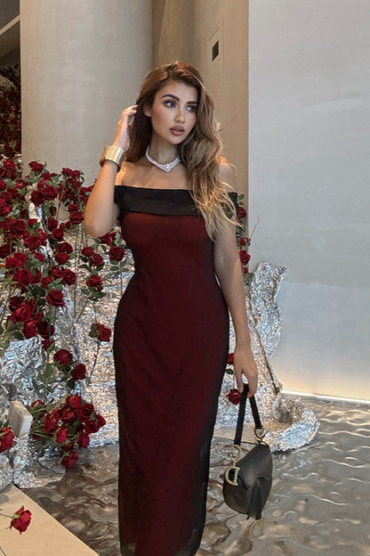 Off-Shoulder Mesh Colorblock Bodycon Party Dress