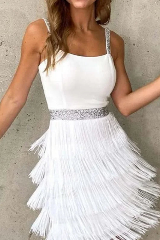 Sequin Strap Square Neck Tiered Fringe Cocktail Mini Dress