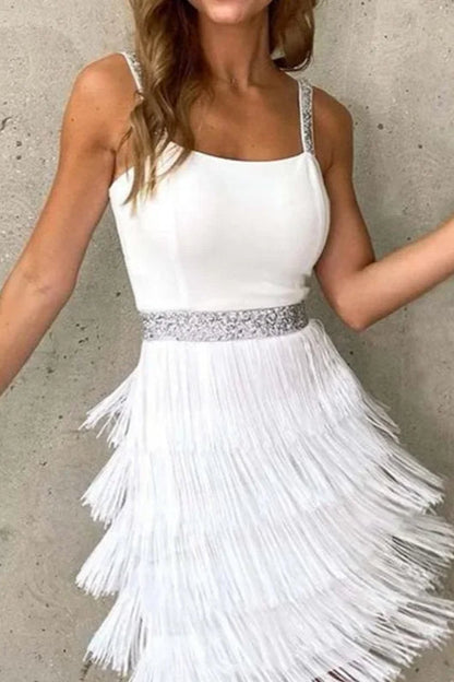 Sequin Strap Square Neck Tiered Fringe Cocktail Mini Dress
