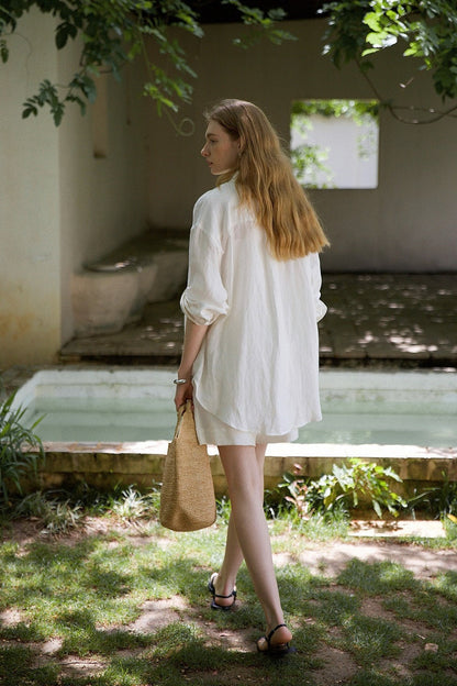 Linen Adjustable Tab Long Sleeve Top