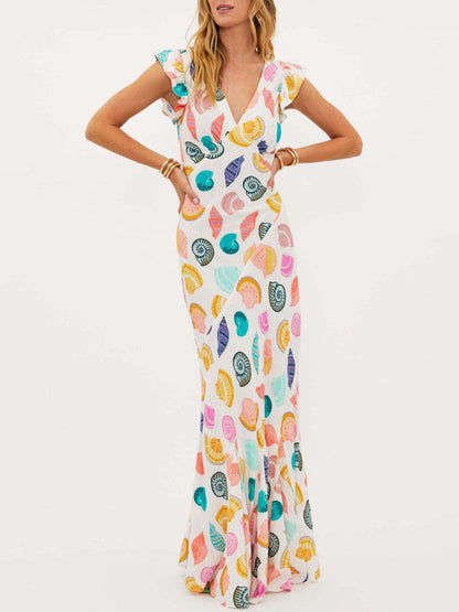 Exquisite Ocean Shell Print V-Neck Maxi Dress