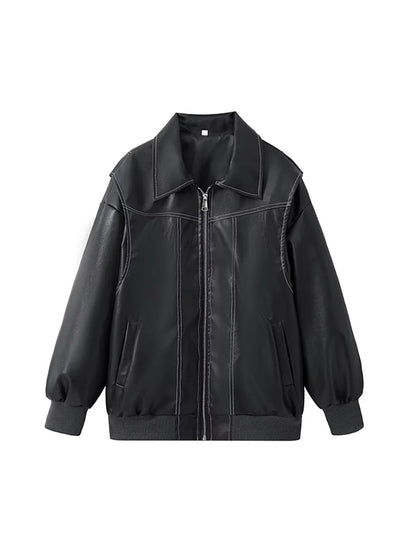 Loose long sleeve vintage leather jacket