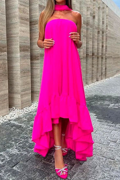 Sleeveless Off Shoulder Irregular Maxi Ruffle Dress