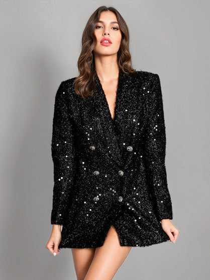 Chic Sequins Blazer Double-Breasted Strong Shoulder Suit Jackets