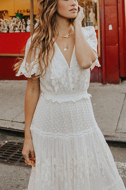 v neck short sleeve lace dress