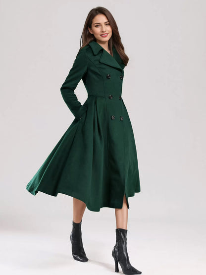 Green Woolen Flared Coat Double-breasted Wide Lapel Winter A-line Midi Outerwear 2026