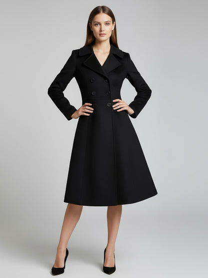 Double-Breasted Wool Blend Midi Coat With Flared A-Line Silhouette For Women 2026