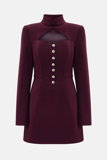 Elegant Long-sleeved Hollowed-out Button-down Slim-fit Mini Dress