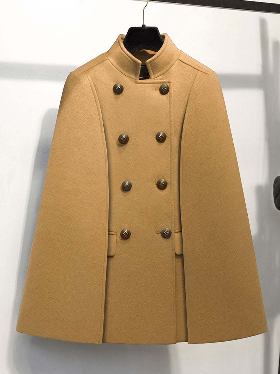 Woolen Poncho Coat Stand Collar Double Breasted Women Cape Outerwear