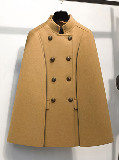 Woolen Poncho Coat Stand Collar Double Breasted Women Cape Outerwear