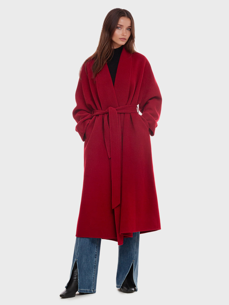 Burgundy Wool Cashmere Blend Wrap Coat For Woman Lapel Elegant Belted Double-Faced Winter Outerwear 2026