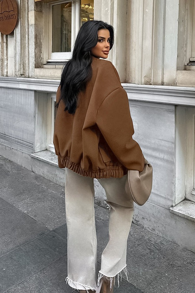 rown Woolen Stand Collar Jacket