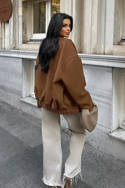 rown Woolen Stand Collar Jacket