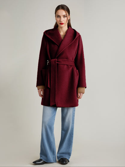 Wool Cashmere Blend Coat With Hood Camel Belted Double-Faced Short Wrap Coat For Women 2026