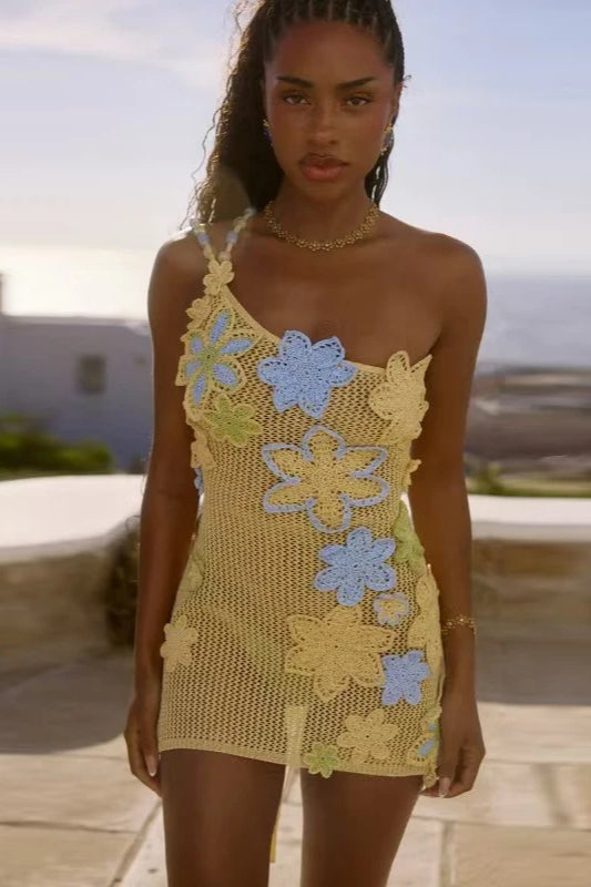 One-Shoulder Crochet Floral Applique Openwork Mesh Mini Dress