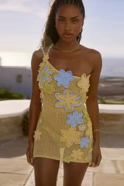 One-Shoulder Crochet Floral Applique Openwork Mesh Mini Dress