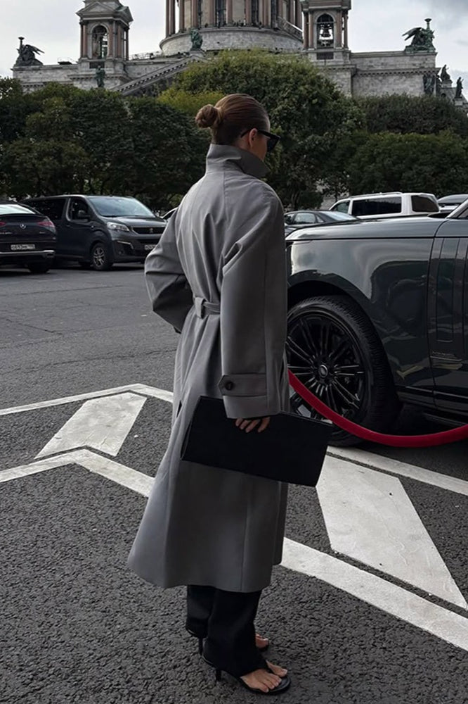 Lazy-Chic European Solid Color Stand Collar Belted Long Overcoat