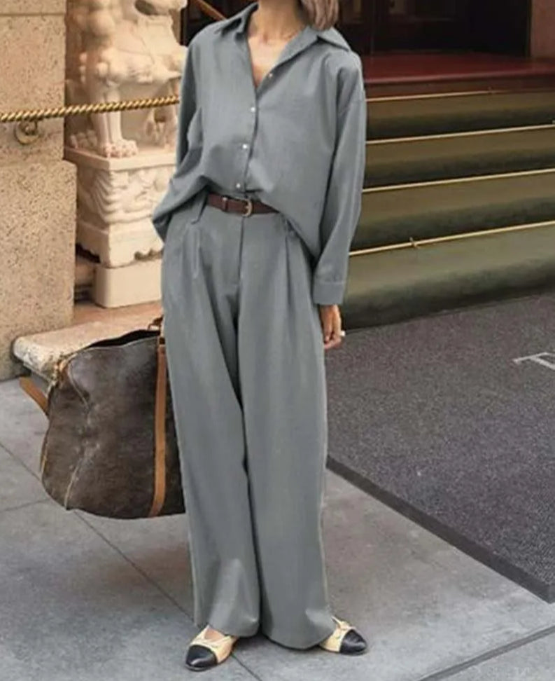 Grey Lapel Button Simple Trousers Office Two Piece Set