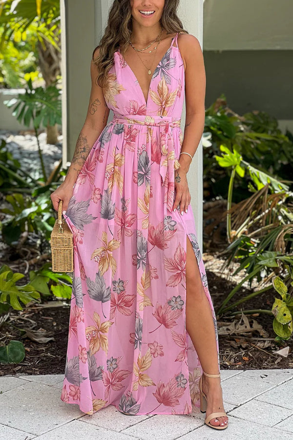 PINK PRINTED MAXI DRESS WITH SLIT