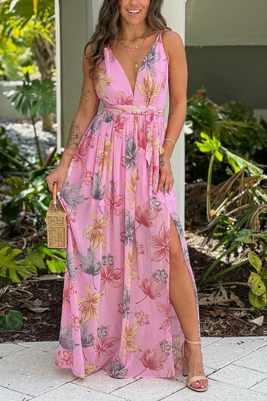 PINK PRINTED MAXI DRESS WITH SLIT