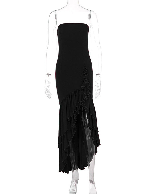 Burgundy Prom Dress Off The Shoulder Ruffles Asymmetrical Elegant Maxi Dresses