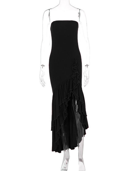 Burgundy Prom Dress Off The Shoulder Ruffles Asymmetrical Elegant Maxi Dresses