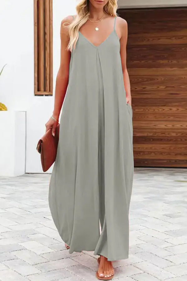 Solid Color Side Pocket Casual Wide-leg Suspender Jumpsuit