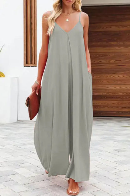 Solid Color Side Pocket Casual Wide-leg Suspender Jumpsuit