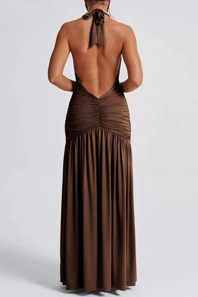 Halter Plunging V-Neck Ruched Twist Waist High Slit Maxi Dress