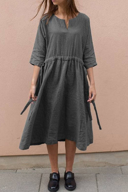 Lace-up V-neck cotton linen mid-sleeve dress