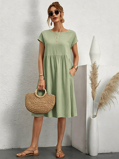 Short Sleeves Midi Shift Dress for Women - Minimalist Solid Color Loose T-shirt Dress with Pockets - Summer Daily Casual 2026