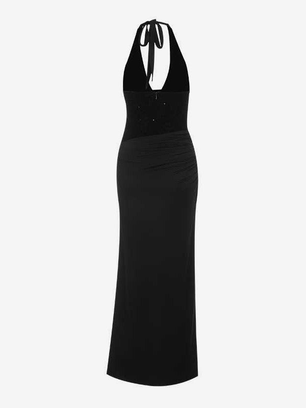 Burgundy Sequin Women Halter Maxi Dress - Elegant Ruched Bodycon Backless Mermaid Gown - Prom Party Outfit 2026