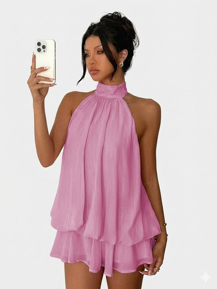 Halter Bubble Mini Dress For Women - Elegant Pleated Backless Loose Fit Chiffon Skater Dress - Summer Beach Vacation 2026