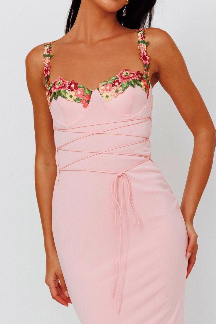 Brenda Embroidered Floral Lace-up Midi Dress