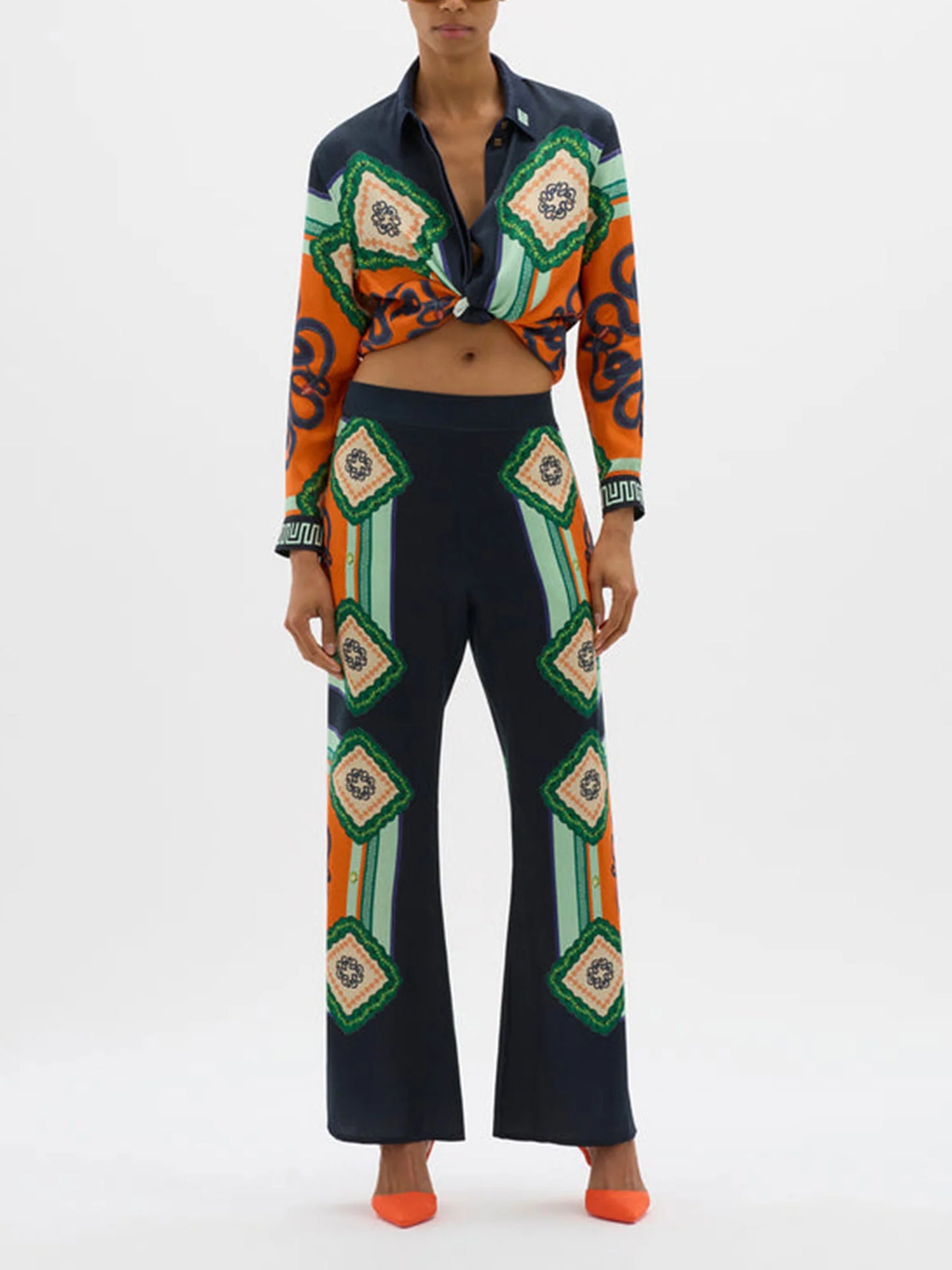 Vacation Times Satin Unique Print Elastic Waist Pocketed Wide Leg Pants