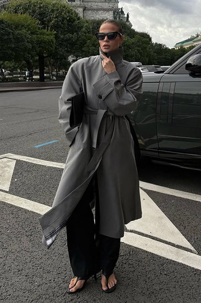 Lazy-Chic European Solid Color Stand Collar Belted Long Overcoat