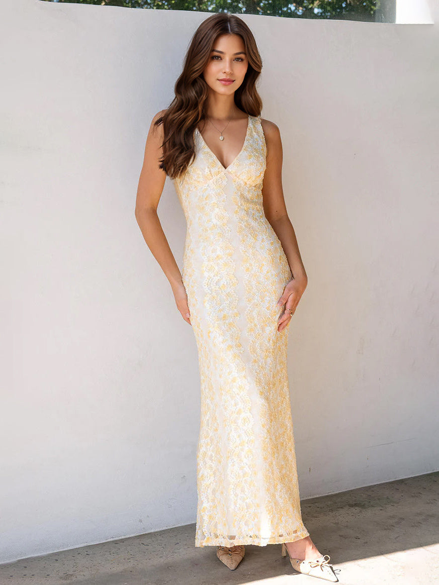Sleeveless Lace Maxi Dress With Deep V-Neck And Open Back For Summer 2026